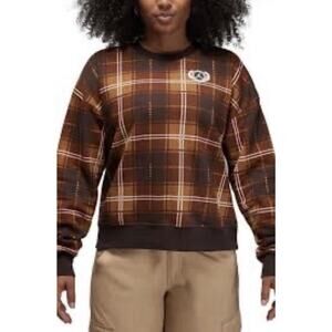 Jordan Brooklyn Fleece Crewneck Sweatshirt Archaeo Brown Plaid Loose Fit XL